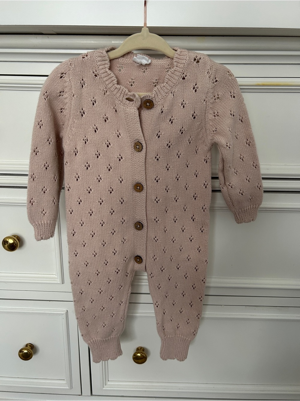Jamie Kay Blush Pink Knit Footed One-Piece with Wooden Buttons
